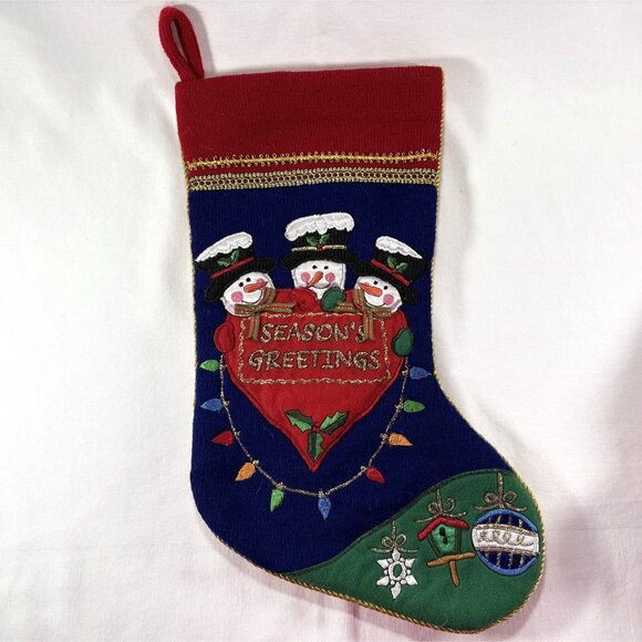 Set Of 3 Knitted Christmas Stockings Embroidered Snowmen and Accents - Picture 2 of 7